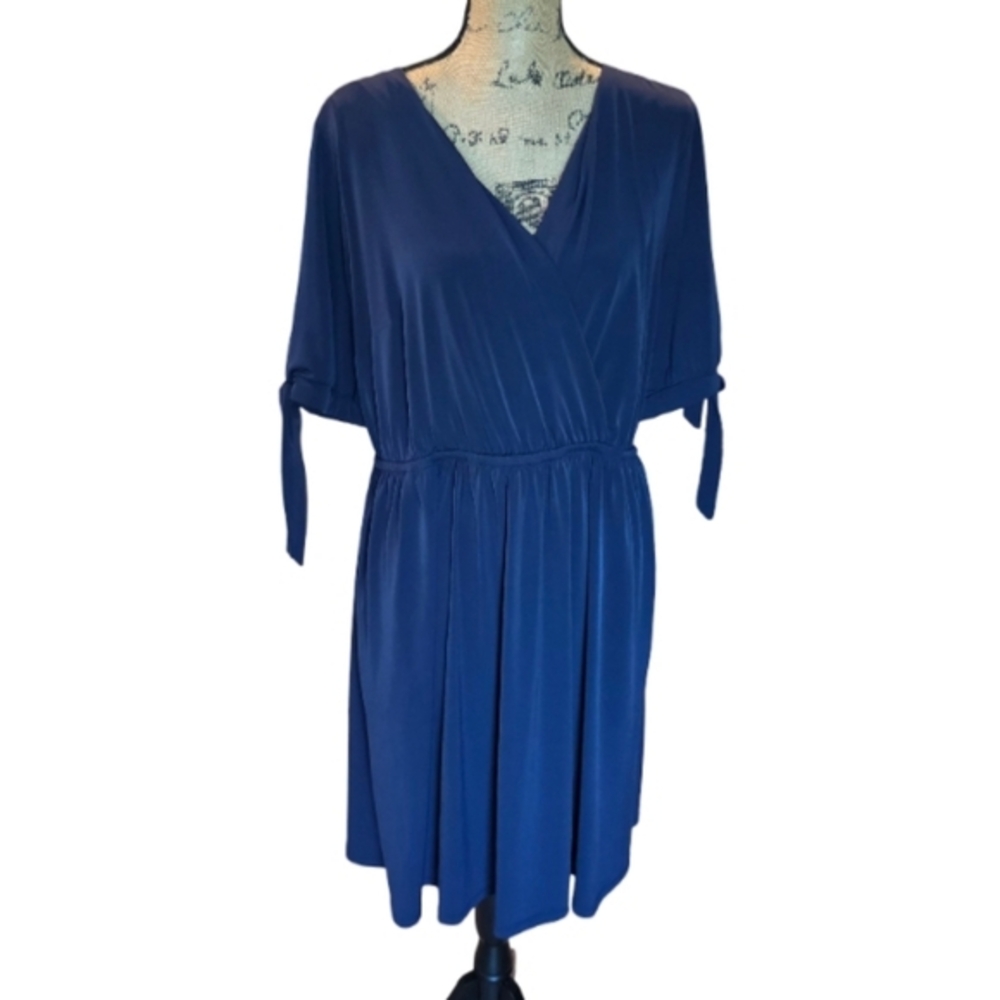 Lane Bryant Stretchโ Surplice Comfy Stylish Blue Faux Wrap Dress 14 16 XL